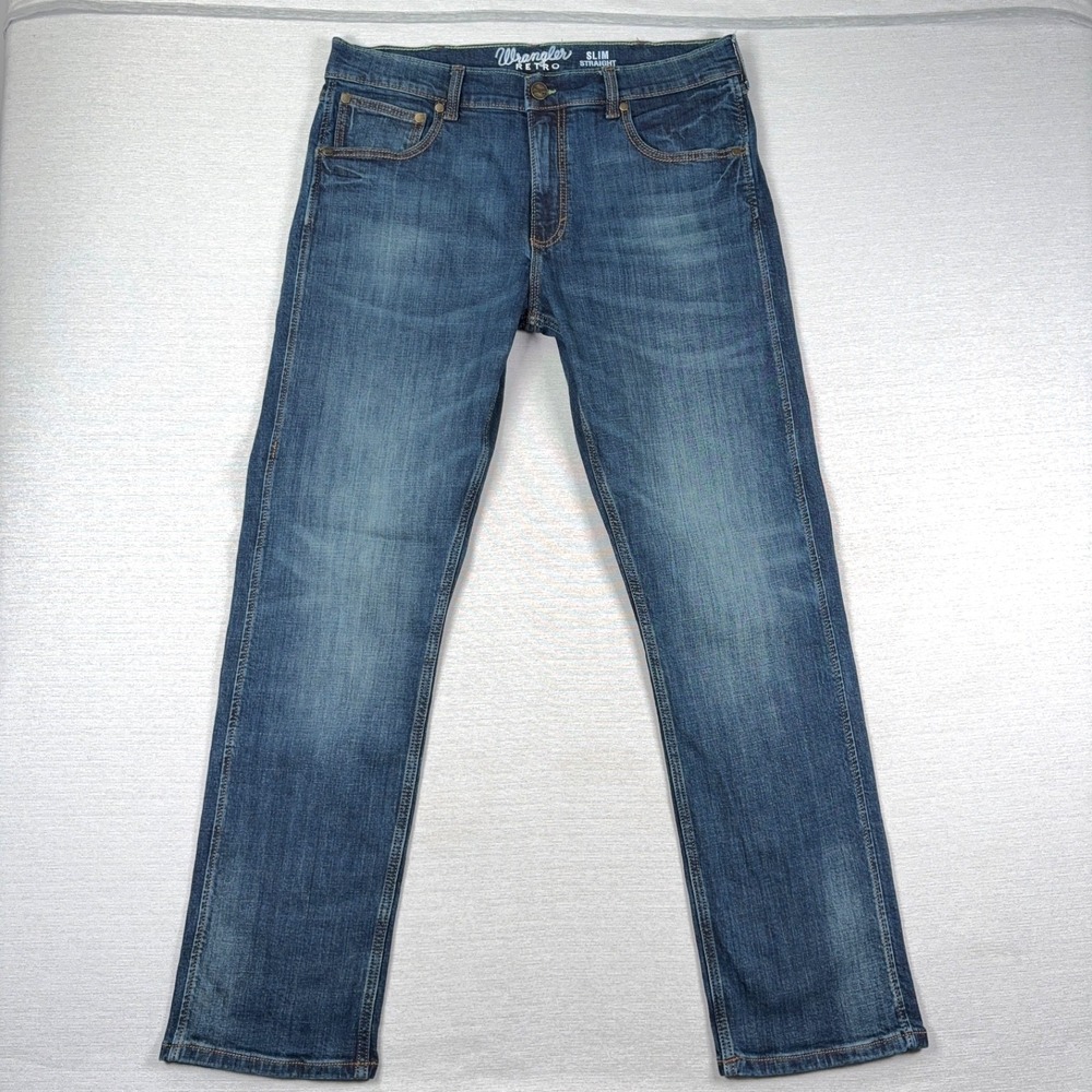 Wrangler Retro Slim Straight Jeans Mens Size 34x32 Blue Denim Cotton Stretch